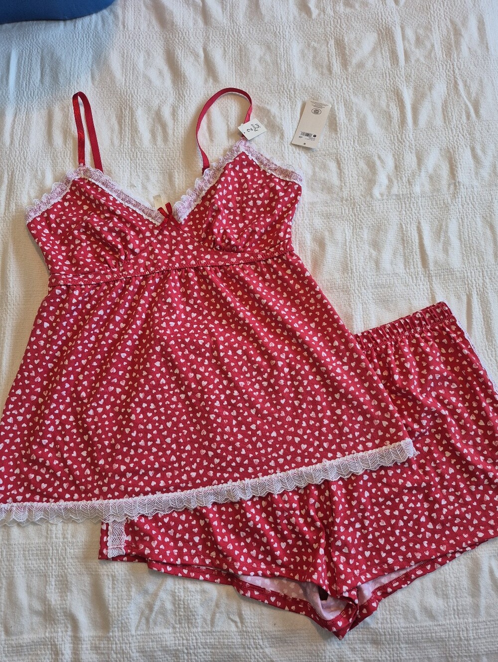 Laura Ashley women's Large babydoll pajama set, red with white hearts NEW